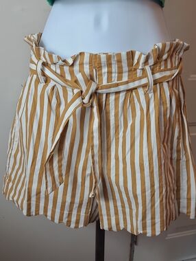 Striped Paperbag Waist Tie Shorts in Mustard and White
